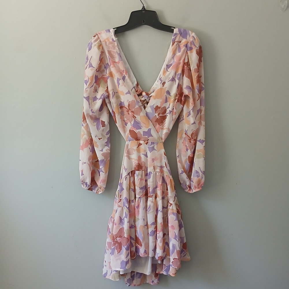 Lush Women's Size Small Cutout Floral Mini Dress Backless Lined Bow Ruffle Hem